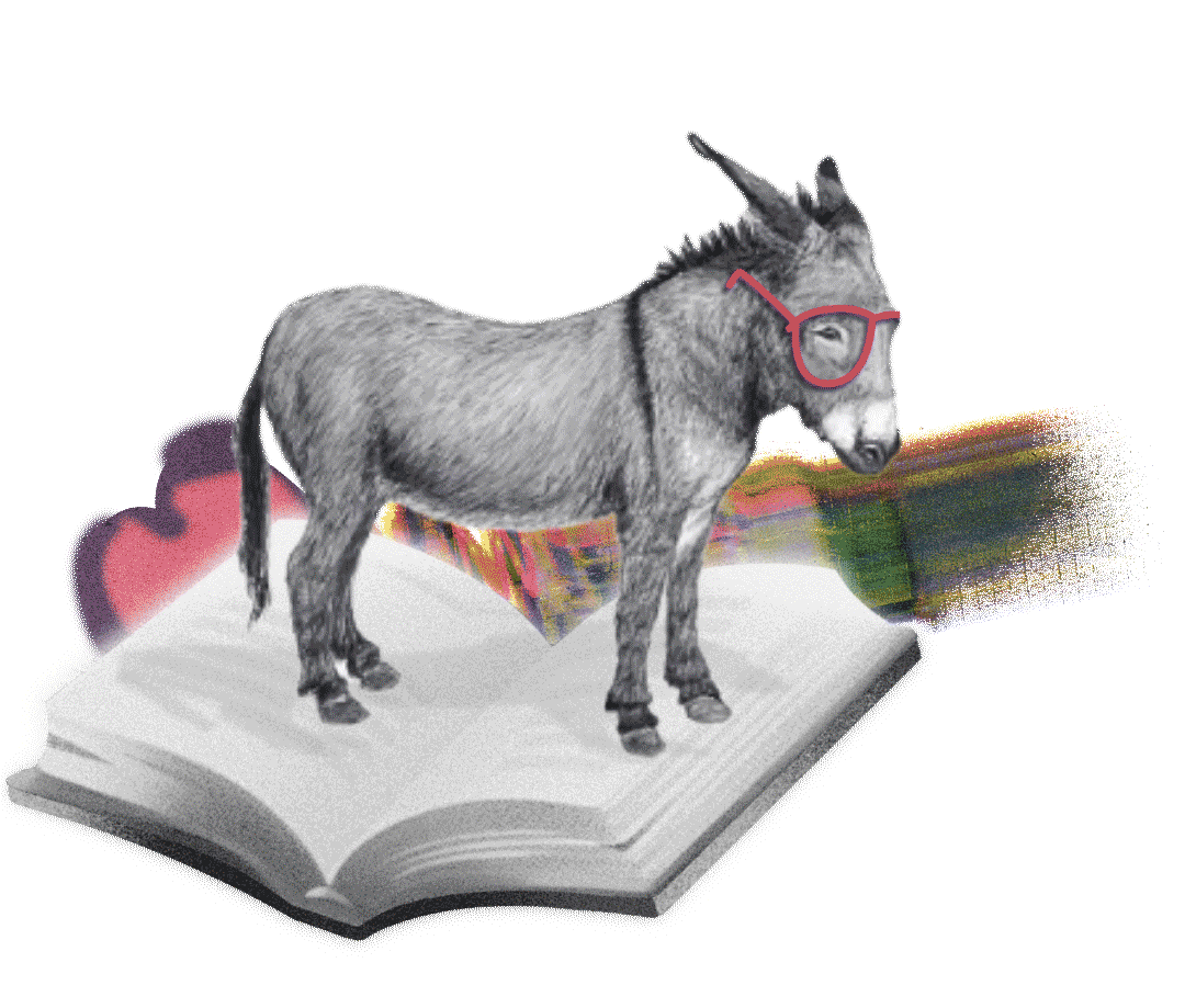A donkey wearing pink glasses standing on an open book