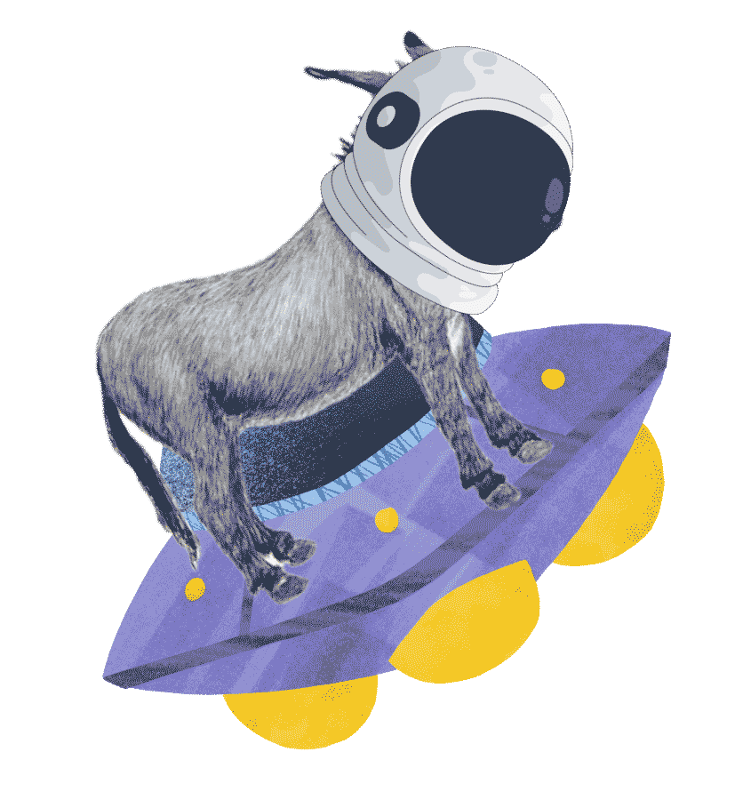 A donkey in an astronaut helmet riding a spaceship